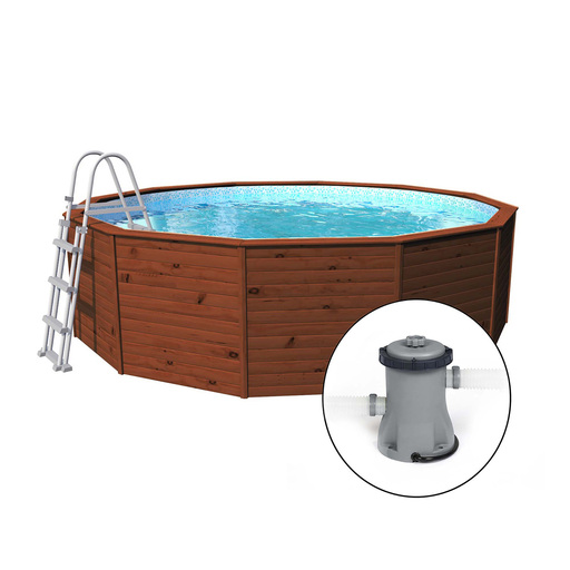 Piscina de madeira com painéis K2o 375x127 cm com bomba de filtro de cartucho de 2.006 L/h e escada.