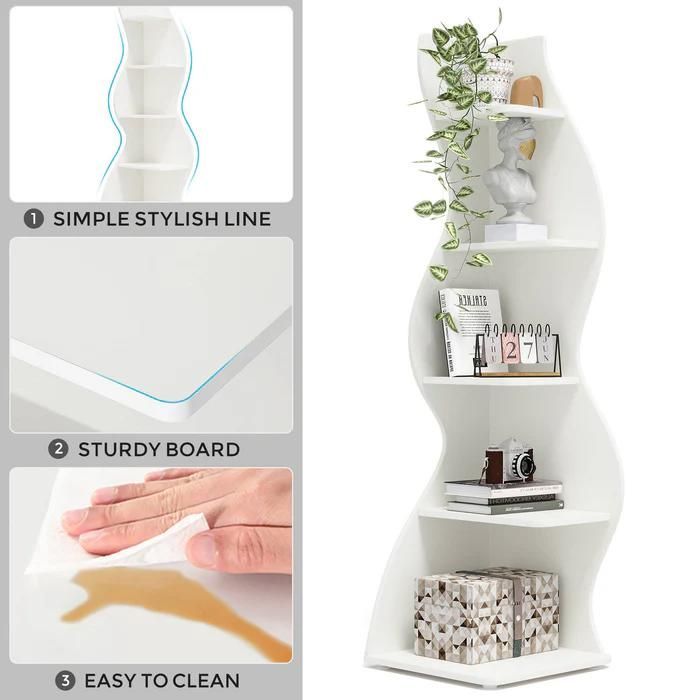 TOPESCT Modern 5-Tier Corner Shelf, 178cm Small Elegant Corner Bookshelf with Unique Shape for the