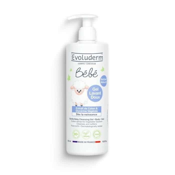 EVOLUDERM - Gel Lavant Doux Corps & Cheveux Bébé - 500ml - 96% d'Ingrédients d'Origine Naturelle