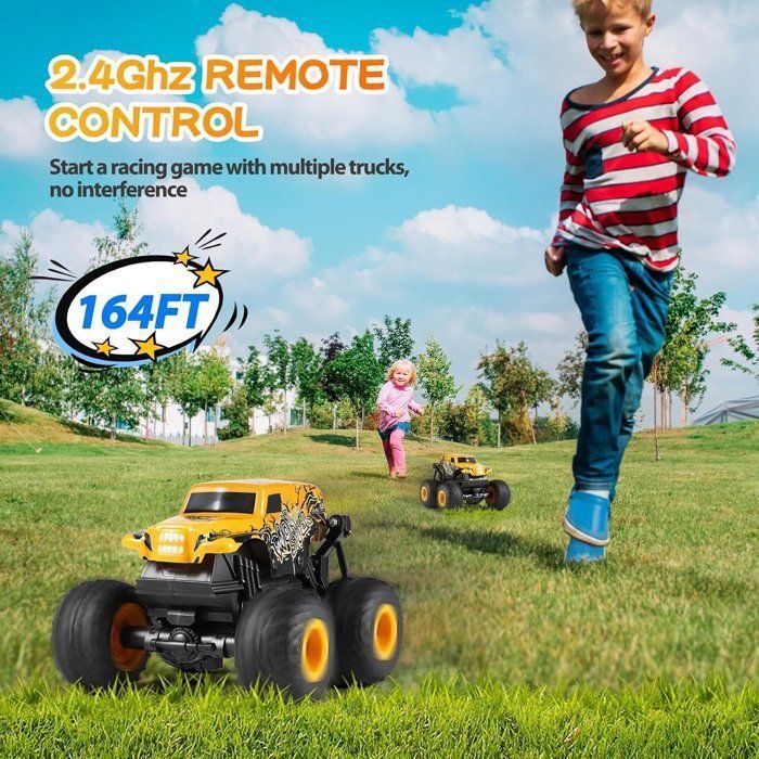 Voiture Télécommandée, Monster Truck, 1:20 RC Tout Terrain, avec LED Musique et 360°Rotation, Cadeau Enfant 4+ Ans, Jaune