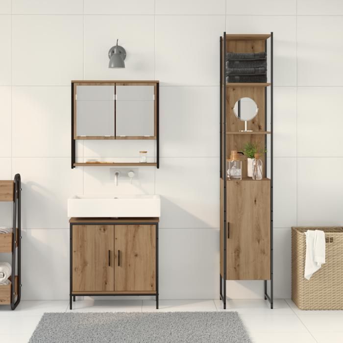 Conjunto de muebles de baño - Roble artesanal - 3 piezas - Acabado mate - Estilo contemporáneo