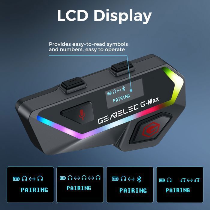 Kit de intercomunicación para motocicleta GEARELEC, walkie-talkie inalámbrico Bluetooth para casco de motocicleta, alcance de 2000 m, capacidad para 6 personas, BT 5.2, pantalla inteligente, resistencia al agua IPX67.