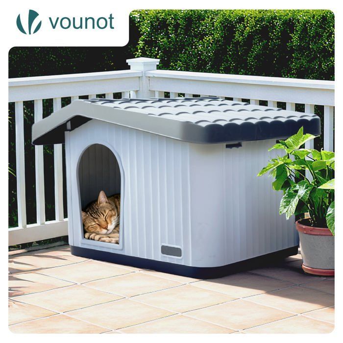 Caseta/perrera impermeable de plástico VOUNOT® para gatos y perros, 60x51x41cm - Techo inclinado desmontable - Apta para uso interior y exterior - Blanca