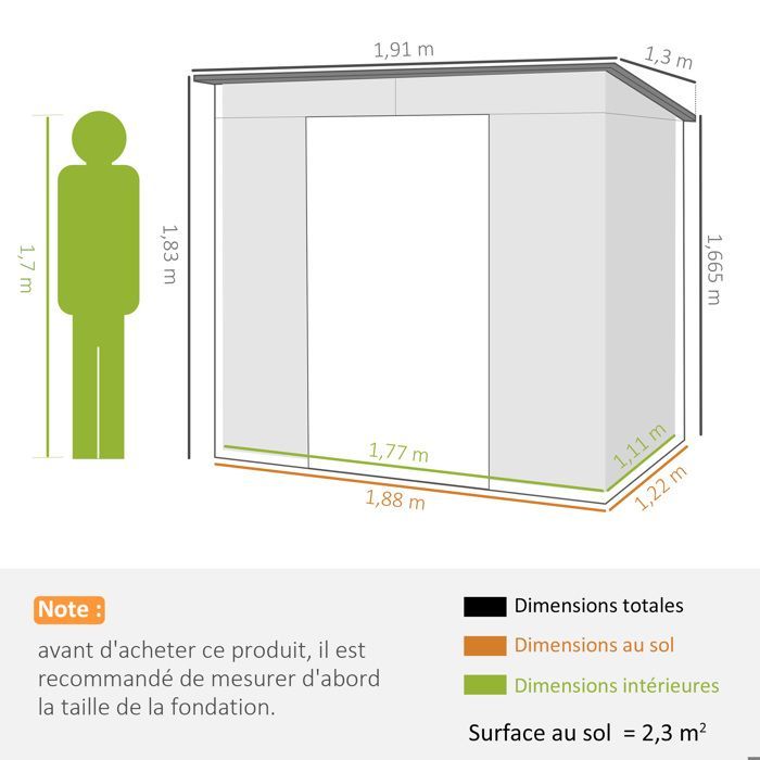 Tuinschuur van 2,3 m² - Outsunny - Schuur met afsluitbare deur - Afmetingen: 191 L x 130 D x 166,5-183 H cm - Staal