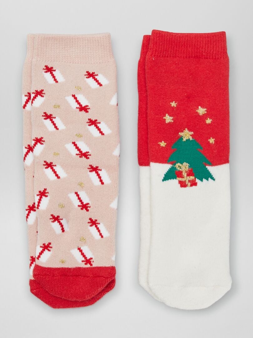 Meias de Natal com estampa de 'Árvores' e 'Presentes' - Conjunto com 2 pares - VERMELHO