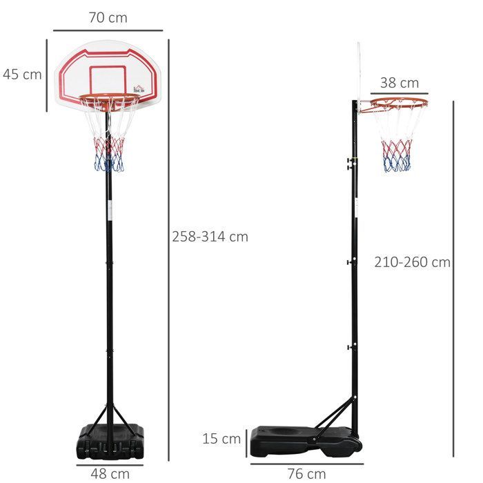 HOMCOM - Aro de baloncesto independiente - Acero - 70x76x258-314cm - Negro