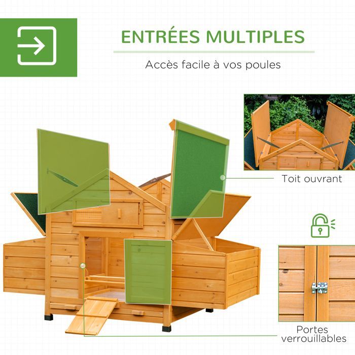 Poulailler - PawHut - pour 4 poules - pondoir, toit imperméable ouvrable, tiroir amovible - bois de sapin - 150x100x96,5cm - jaune