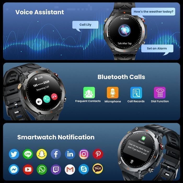 Men's Smartwatch with GPS, Sport Function, Calling, Compass, Barometric Altimeter, Heart Rate Monitor, 650mAh Battery, 3 Straps, Tactical Steel, Silicone