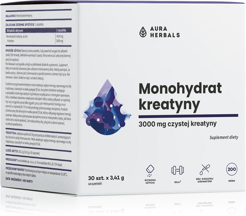 Sachês de suplemento alimentar de creatina monohidratada da Aura Herbals para aumento da massa muscular.