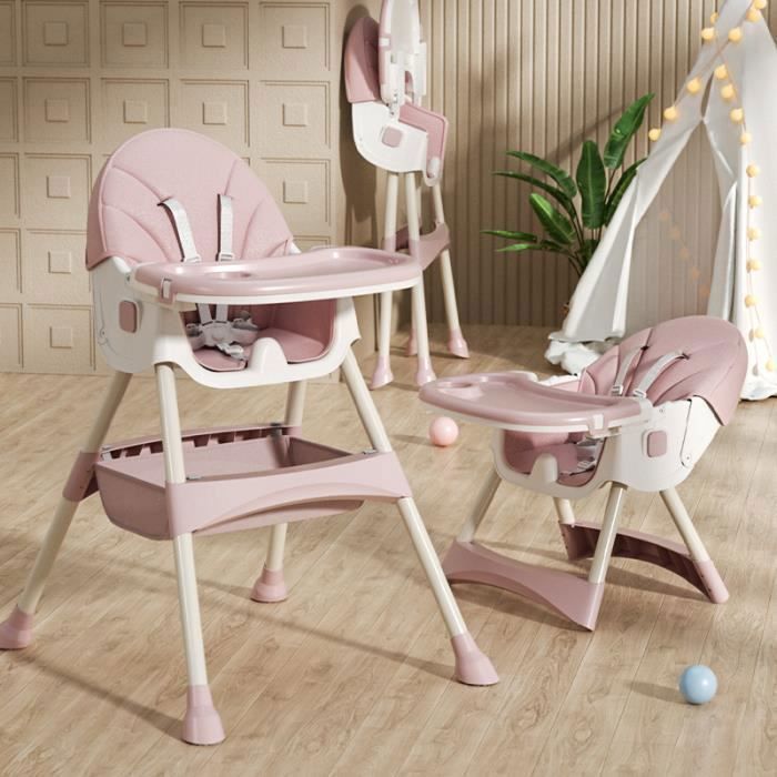 Baby/Toddler High Chair - Adjustable Height - Removable Tray - 5-Point Harness, 3-in-1 Wheeled Toddler Chair - Pink