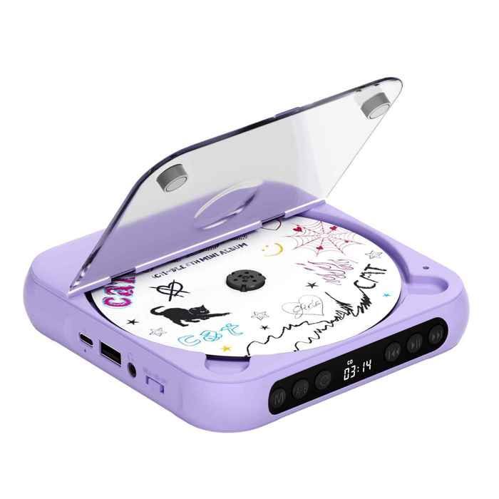 Reproductor de CD Bluetooth - Mini reproductor de CD portátil, delgado y ligero - Versátil - Compatible con CD y USB - 135 x 135 x 25 mm - Lila