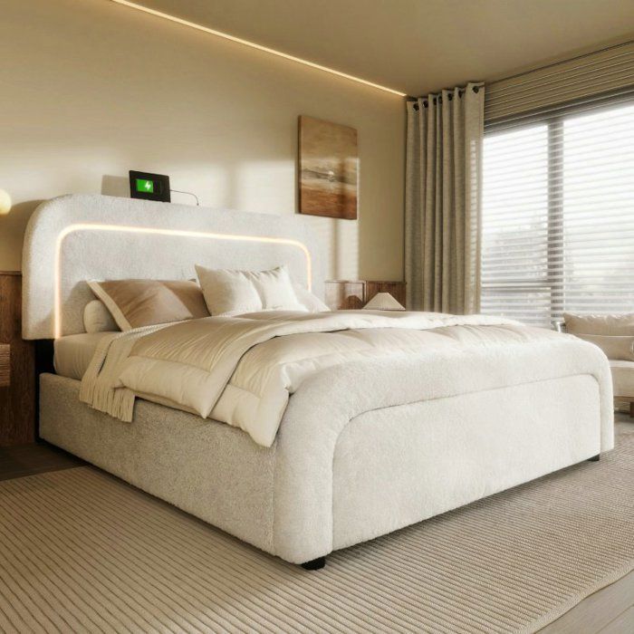 Cama con almacenamiento - LANGTU - 140x200 cm - 4 cajones - USB Tipo-C - Cabecero ajustable - LED integrado - Piel sintética tipo sherpa blanca