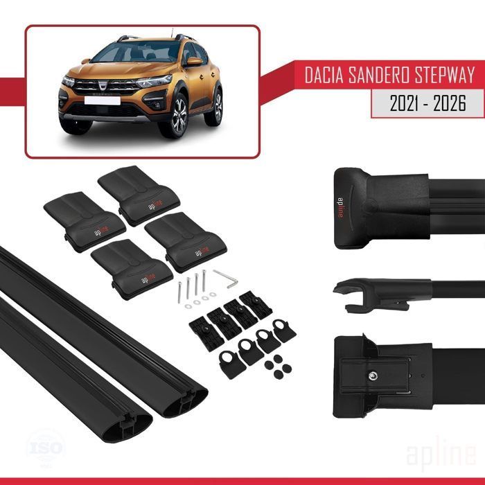 Barras de techo para Dacia Sandero Stepway 3 2021-2026, modelo FLY, portaequipajes de aluminio negro, 2 barras.