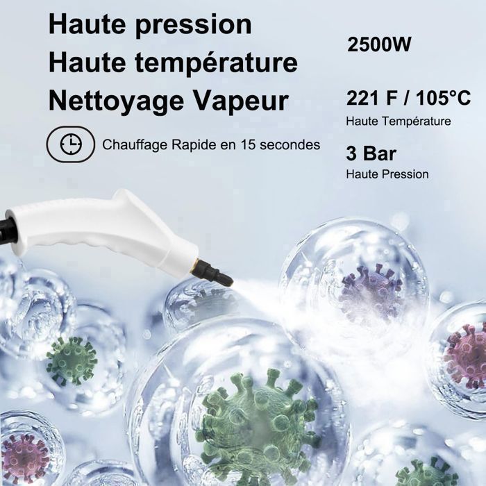 Portable Handheld Steam Cleaner - High Pressure 3 Bar - 2500W - Steam Cleaner for Kitchen, Bathroom, Home, Car, Fabrics