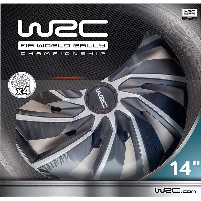 Juego de 4 embellecedores de rueda de 14 pulgadas en dos tonos, gris y negro - WRC - TURBO - Estilo deportivo - Instalación rápida y sencilla mediante clip.