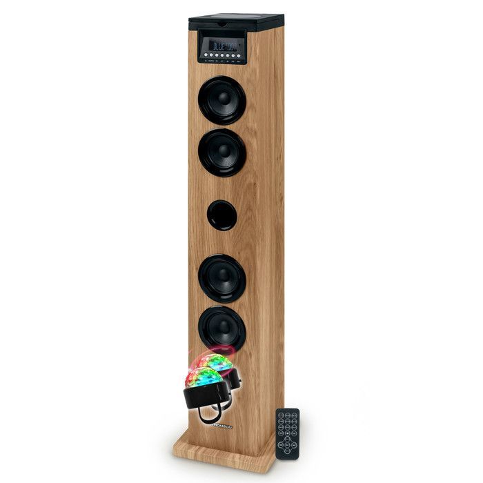 Sistema de som Thomson DS122CD Tower - 60W - HiFi Bluetooth, Leitor de CD, Controle Remoto, Entrada AUX, Rádio FM - Madeira/Preto, Anéis de LED inclusos