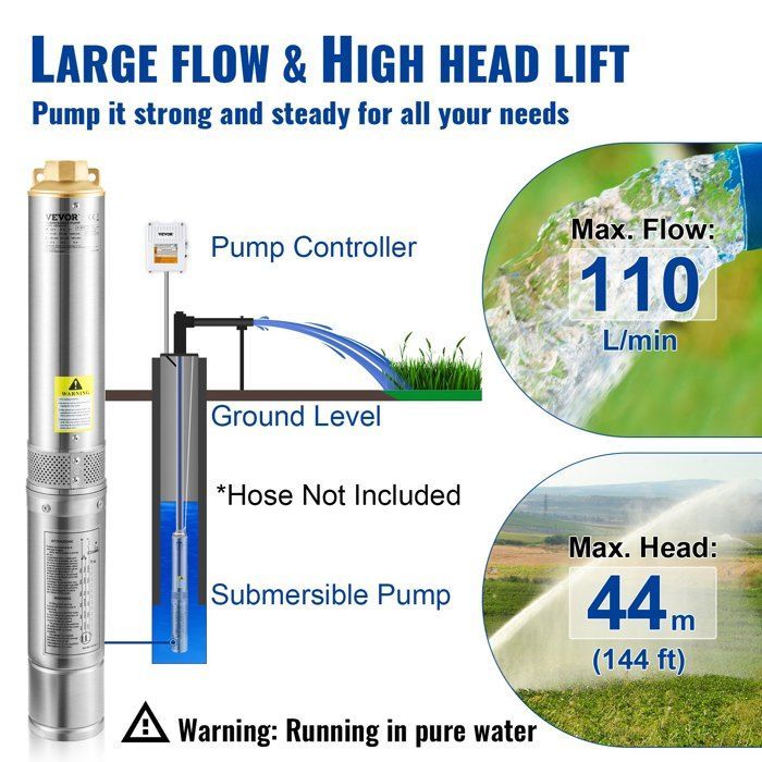 Pompe Immergée pour Puits Profond VEVOR 370 W - Débit Maximal 110 L/min - Tête Maximale 44 m