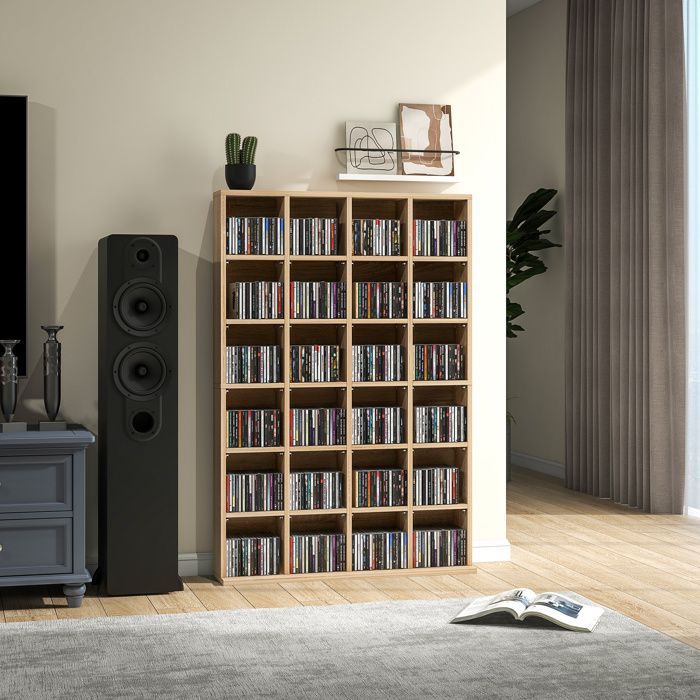 Mueble de almacenamiento multimedia para 456 CD/336 DVD - HOMCOM - estantería de madera con baldas ajustables - 89 x 130,5 cm, madera natural