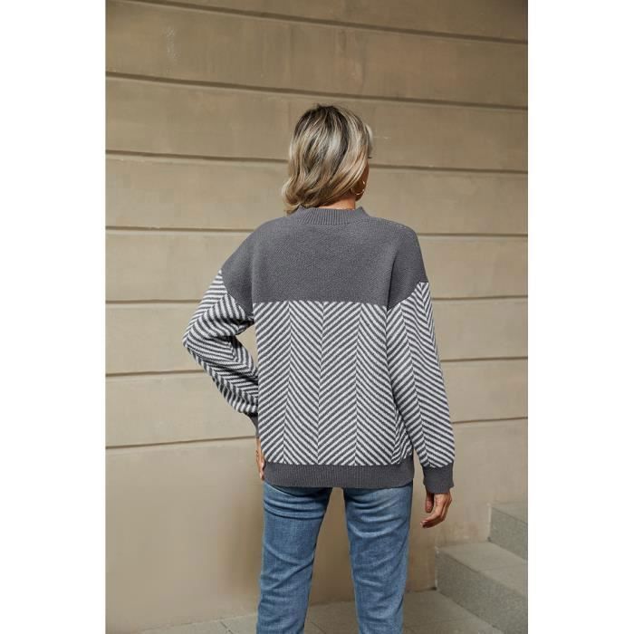 Jersey de punto a rayas para mujer, ideal para otoño/invierno, manga larga y cuello redondo - Gris - INSFITY - Mujer - Cuello redondo