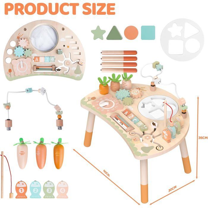 Mesa de actividades Montessori de madera - ZUUKO - 9 en 1 - 39,88 x 29,97 x 34,8 cm - Sensorial - Laberinto de cuentas