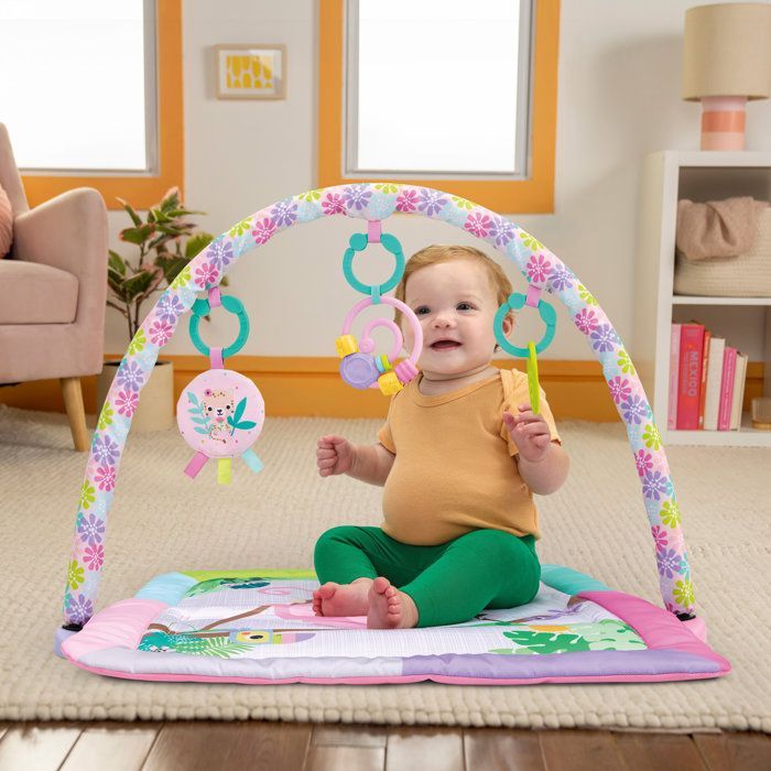 BRIGHTS STARTS Petit tapis d'éveil bébé pliable rose, arche de jeux, 5 jouets bébé, miroir, cartes, boulier et anneau de dentition