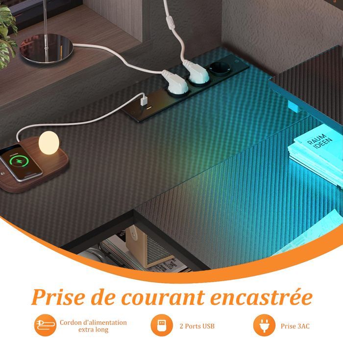 Bureau Gaming en Forme L-120x120x75CM-Bureau d'angle avec Étagères-Avec Support de Moniteur-2 USB+LED-3 Prises-2 Tiroirs-Noir