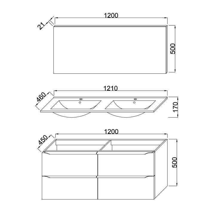 Double sink bathroom vanity unit with mirror, 120cm wide - 4 drawers - Glossy white lacquer - ZOOM