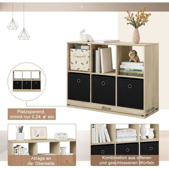 Librería WOLTU, mueble de almacenamiento, estante con 6 compartimentos, armario cúbico, 3 cajones de tela, 80x30x60cm, roble claro W0ATT0295