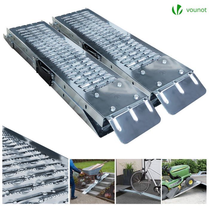 VOUNOT® Juego de 2 rampas de carga plegables, 160 cm, acero galvanizado - Carga máxima 400 kg - Rampa de acceso antideslizante con asa