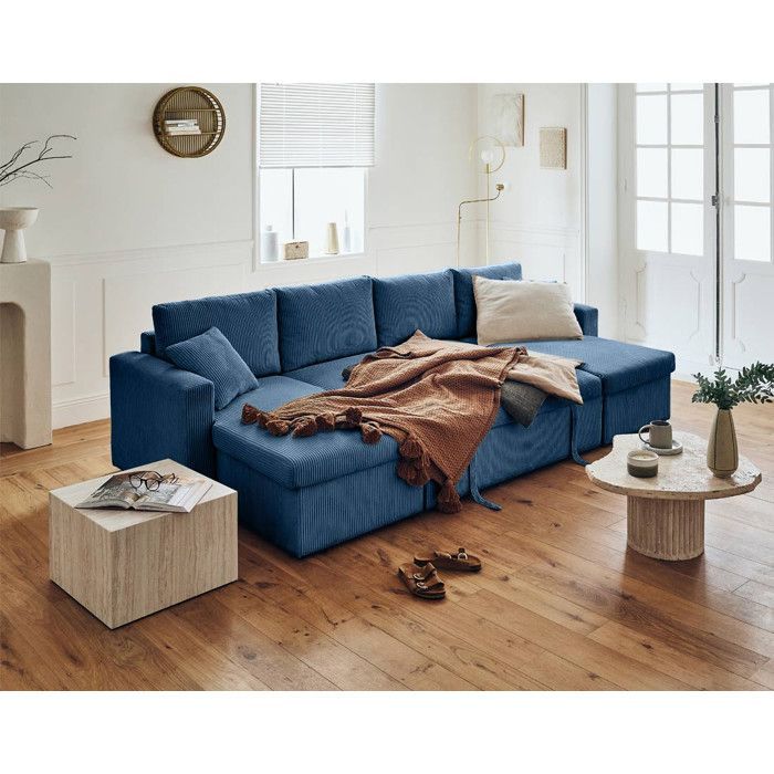 Cyrus – U-förmiges Panoramasofa – 7-Sitzer – ausziehbar mit Stauraum – in Cord – Blau