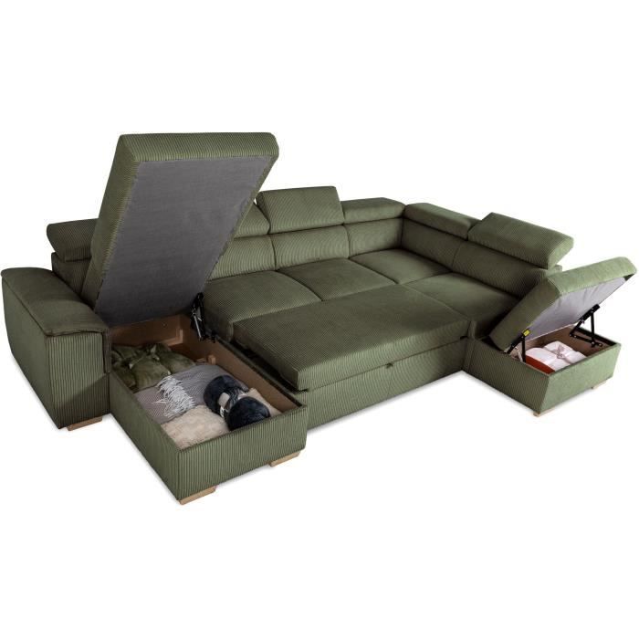 DAYTONA 5-6 seater panoramic corner sofa bed - Khaki corduroy - With storage - W 326 x H 94 x D 216 cm