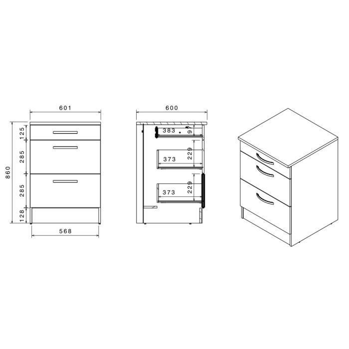 Mobile basso OSLO con 3 cassetti + piano di lavoro - Finitura rovere Jackson - L 60 x P 60 x H 86 cm