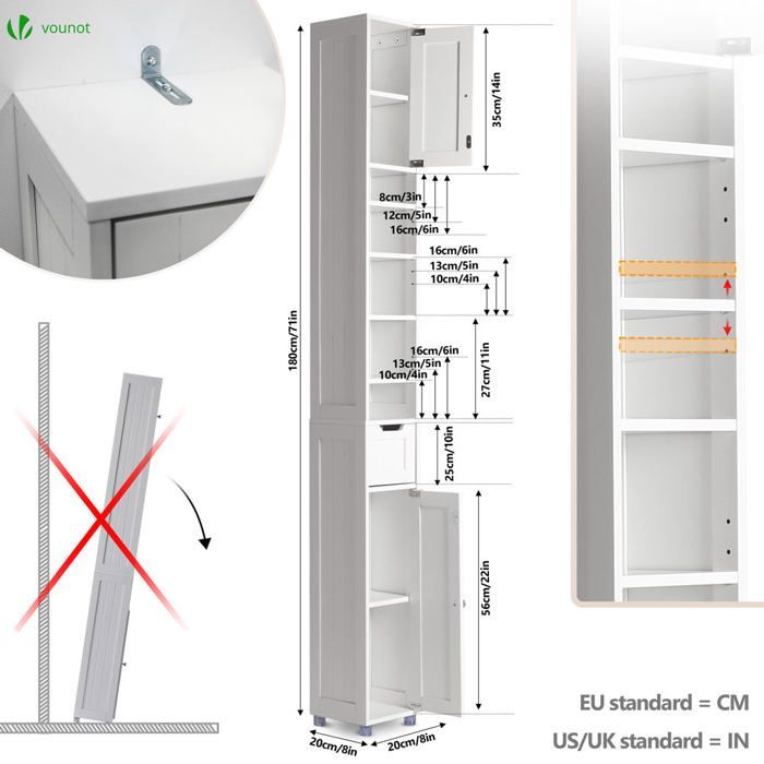 VOUNOT® Bathroom Column 20x20x180cm - Storage unit with adjustable shelves, drawer and cabinet doors - MDF - White
