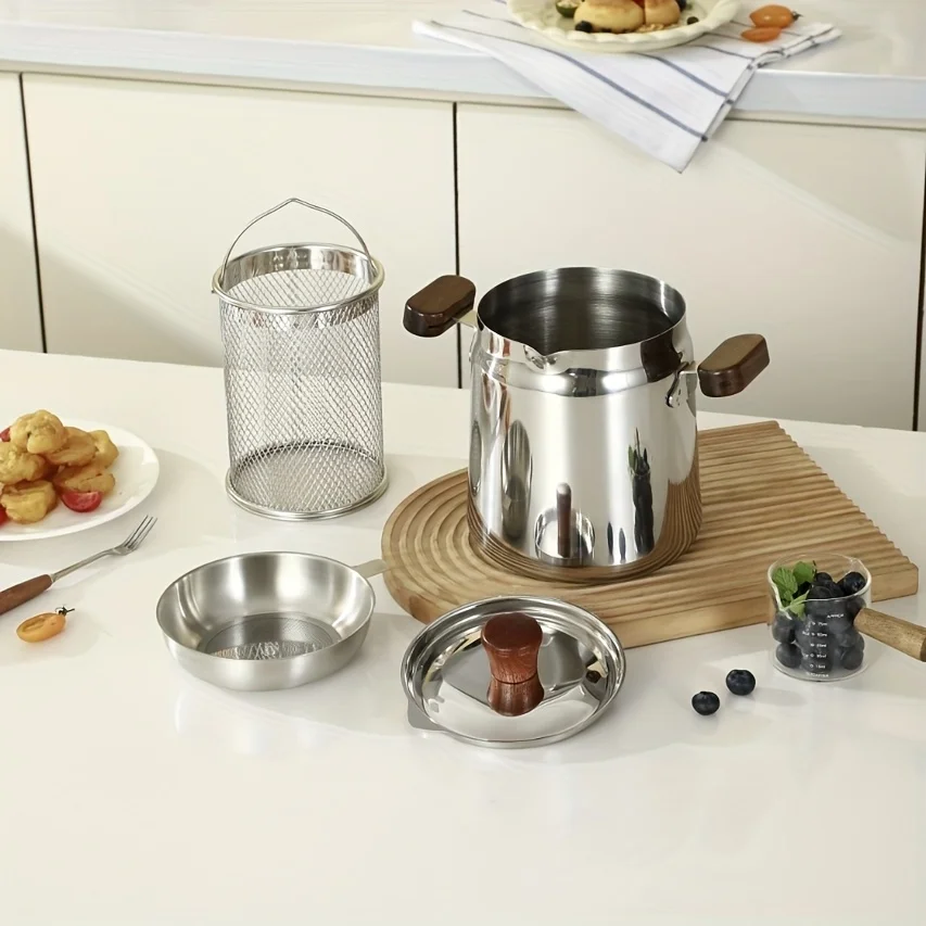 Friteuse à double anse en acier inoxydable 304 avec poignée en bois, idéale pour la cuisine, la friture de frites et de nuggets de poulet.