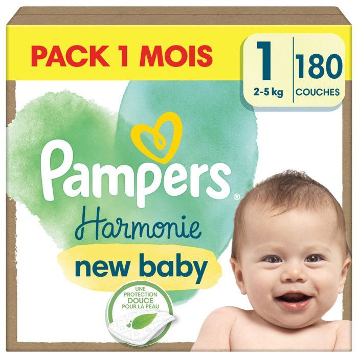 Pañales Pampers Harmonie Talla 1, 180 pañales, paquete de 1 mes para bebés de 2 kg a 5 kg