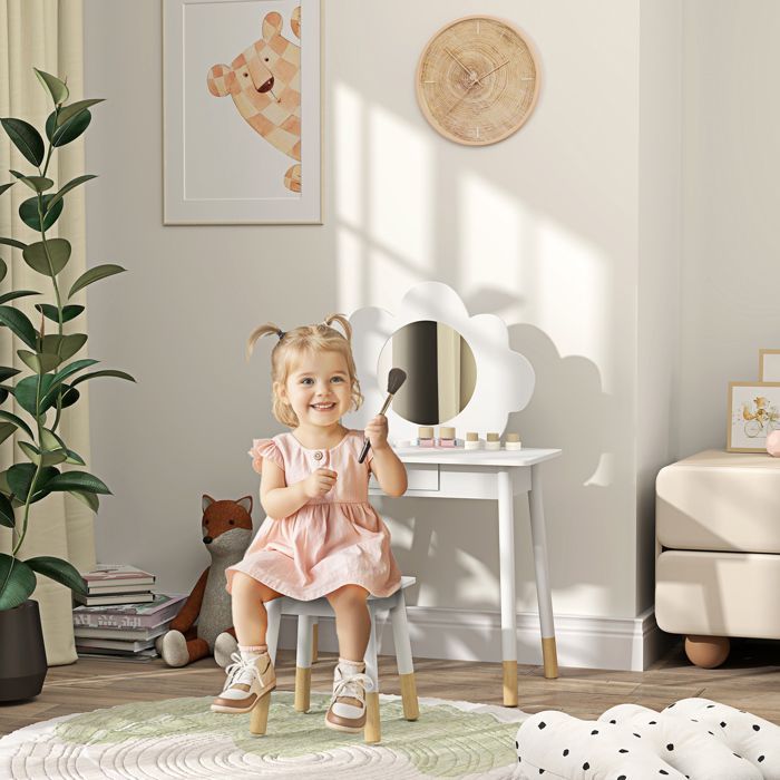 Children's Vanity Set - AIYAPLAY - 1 stool, 2-piece vanity set for children aged 3 to 6 years, cloud-shaped mirror - white