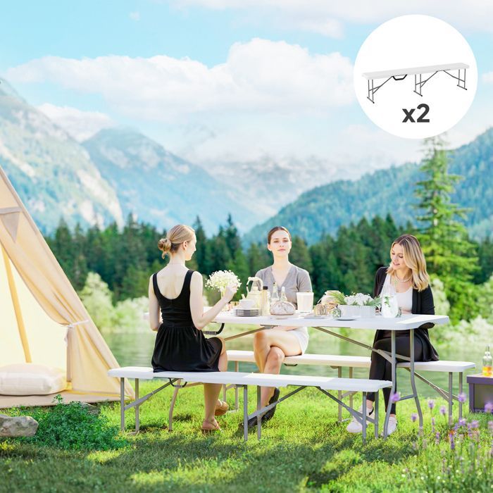Lot de 2 Bancs de jardin - Outsunny - pliants - avec poignée de Transport - en Métal et HDPE - 182 x 28 x 42 cm - Blanc