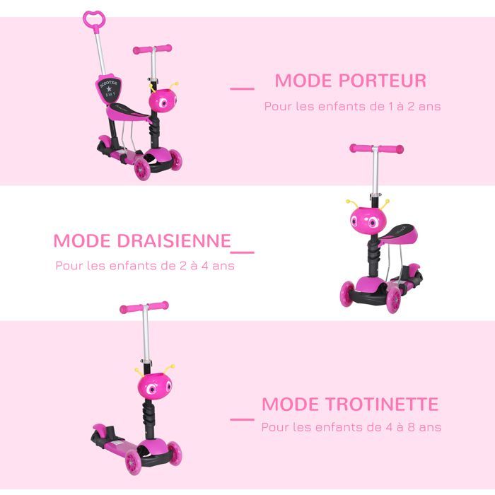 Patinete infantil - HOMCOM - Patinete convertible 5 en 1 con 3 ruedas, manillar ajustable, asa de empuje y asiento extraíble - PP - Rosa