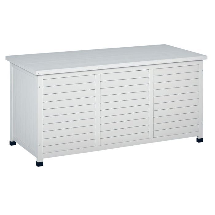Caja de almacenamiento exterior Outsunny - 283 L - pequeñas aberturas en la parte inferior - 2 cadenas - madera - 127 x 56 x 60 cm - blanco