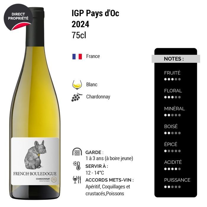 French Bulldog Pays d'Oc Chardonnay 2024 - Vino bianco della regione Linguadoca-Rossiglione (6x75cl)