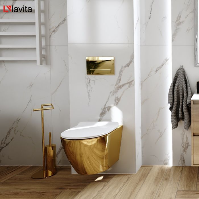 LAVITA Sofi Slim Gold/White Wall-Hung Toilet | Soft-Close Toilet Seat | Rimless Wall-Hung Toilet | Toilet | 365x490x395 cm | White/Gold