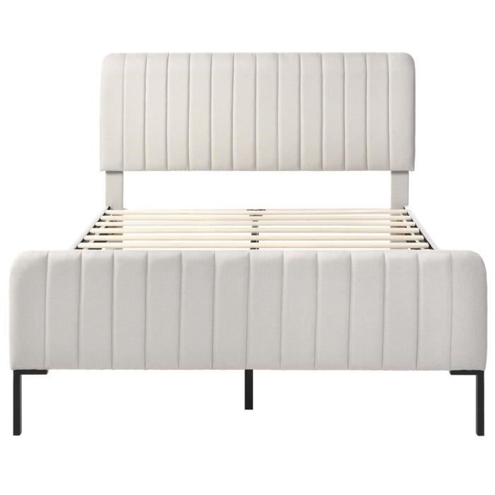 Cama de adulto de 160x200 cm, somier de láminas, cabecero regulable, tapizada en lino, color beige.