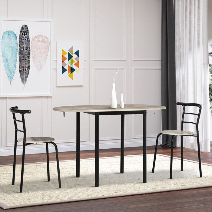 Conjunto de mesa e cadeiras - HOMCOM - Mesa oval extensível com abas rebatíveis e 2 cadeiras de cozinha - Metal e MDF - Preto natural