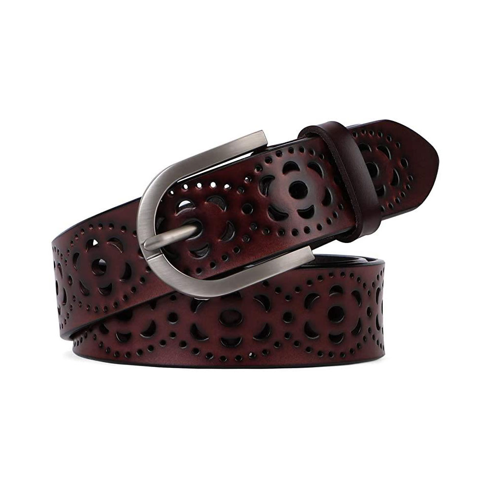 Ceinture en cuir ajourée à motif floral pour femme, idéale pour jeans et pantalons. Ceinture large pour femme.