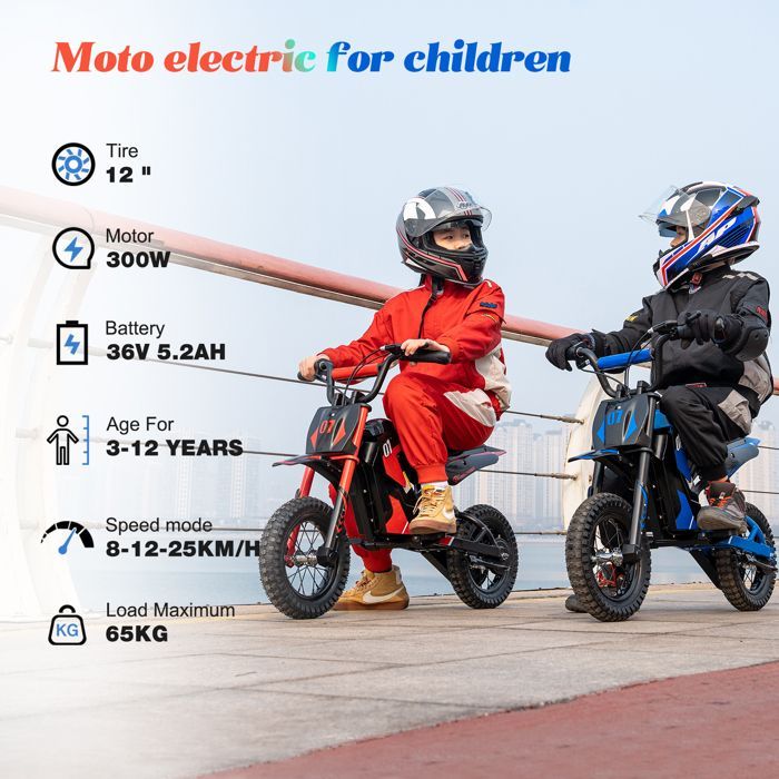 EVERCROSS TECH Blauwe elektrische motorfiets voor kinderen, 350W, 3 versnellingen 8-25 km/u, 12 inch all-terrain banden, actieradius 15 km, geweldig cadeau