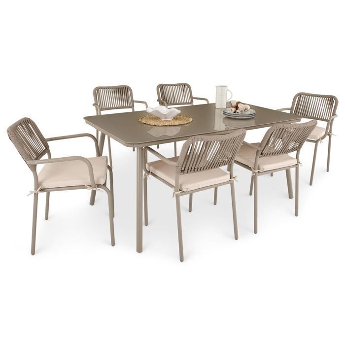 Ensemble table et 6 chaises de jardin VOLONTE coloris champagne pour 6 personnes, plateau en verre trempé