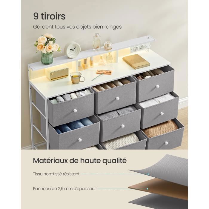 Cómoda con 9 cajones e iluminación LED, regleta, estructura de acero, 33,5 x 114 x 84 cm, para dormitorio o salón, color gris paloma.