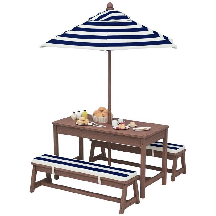 Conjunto de muebles de jardín infantiles para exteriores - AIYAPLAY - cojines y sombrilla desmontable - rayas azul marino y blancas