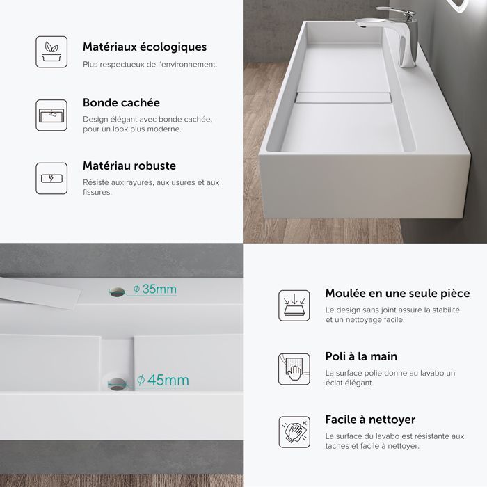 Lavabo de encimera doporro, blanco mate, lavabo de baño mural, lavabo rectangular de 80 cm con tapa de desagüe, Colossum6028