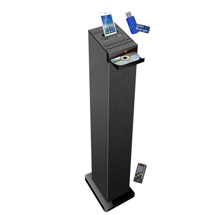 Schwarzer Turmlautsprecher mit CD-Player, Bluetooth, FM-Radio und USB-Anschluss, 60 W + Fernbedienung, 32-GB-USB-Stick im Lieferumfang enthalten